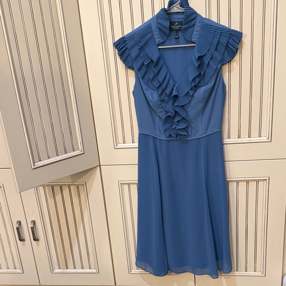 Adrianna Papell Blue Midi Dress with Ruffle Accents